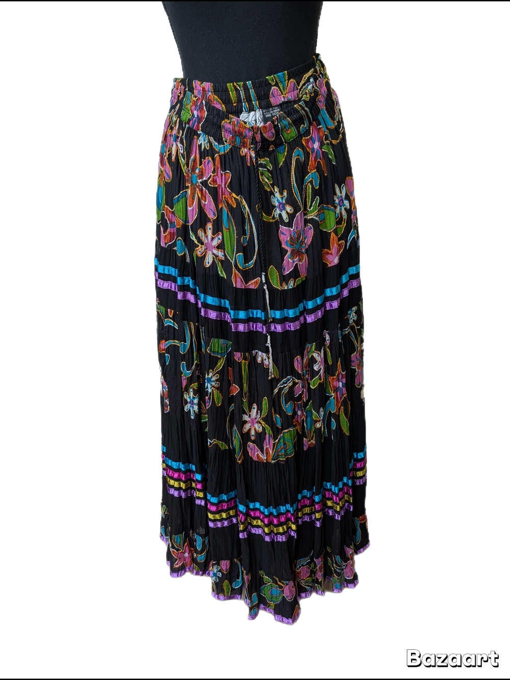 Black Floral Tiered Maxi Skirt with Vibrant Stripe Accents By Silver Stream